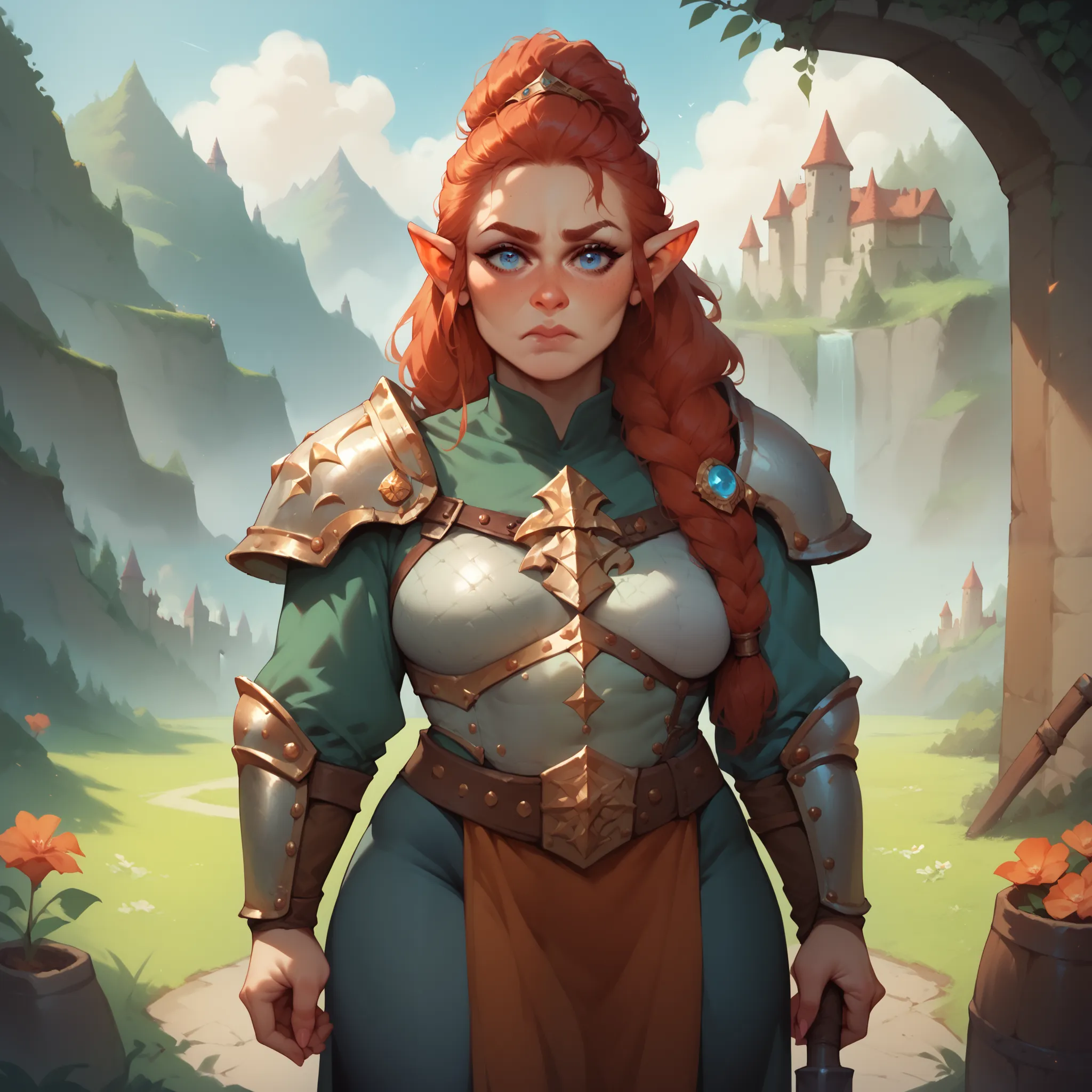 a dwarf with red hair and blue eyes. she is wearing captains armor and looks sad and depressed as she stares at you while standing outside a castle.