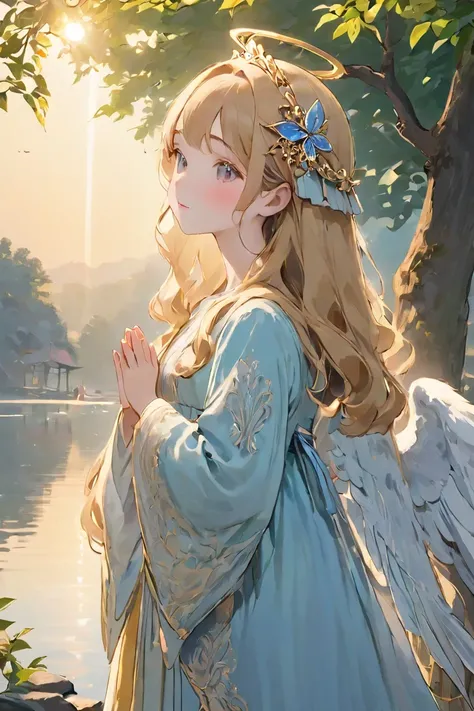 ( Top quality masterpiece full body ), 1,  line art , A kind angel girl, thin, Narrow  , long term, 非常にthin顔,   praying on a beautiful lakeside seen from below  , Very long face  , Very fluffy and curly、Intensive、Loose Flaxen Long Hair,  white gothic fashi...