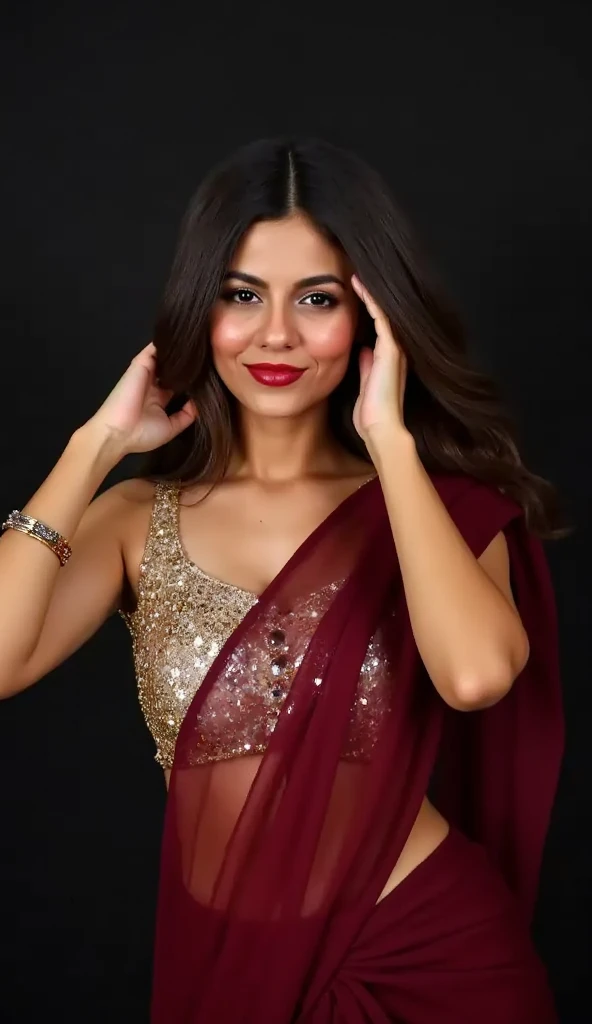 Generate a full upper body selfie image of a woman in a sleeveless transparent maroon saree. The blouse is golden maroon colour with mirror sequins. Sharp focus to the face and dark background. Lips with red lipstick. One side of blouse is completely expos...