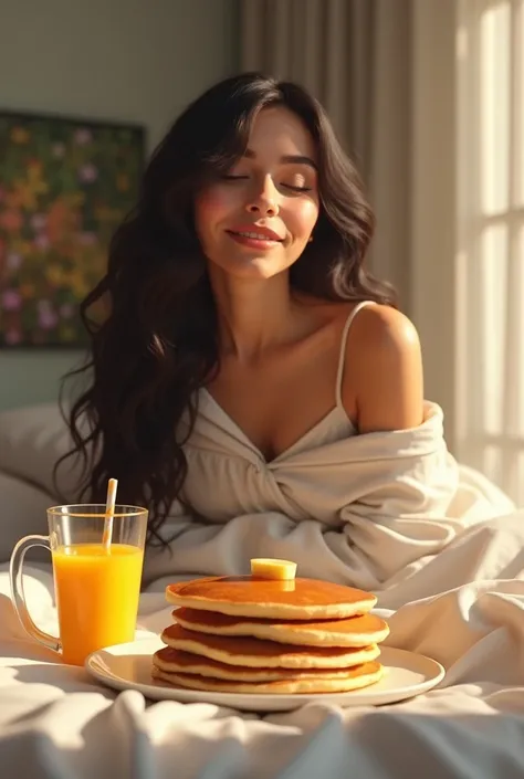  Latina in her twenties with long wavy hair in bed eating pancakes and orange juice 