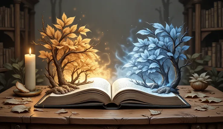 Double exposure, a grand fairy-tale book lies open on an ancient wooden table bathed in warm candlelight. The left page blooms with vibrant autumn hues—golden leaves cascading from painted branches, swirling in an unseen breeze. The right page is frozen in...