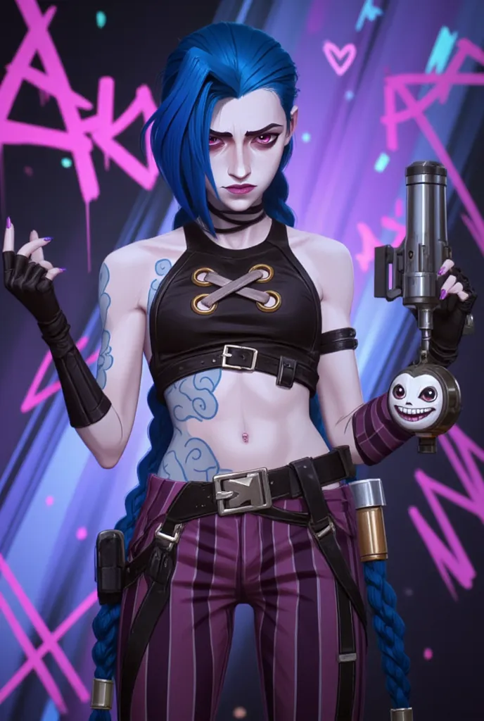 A highly stylized anime-inspired digital painting of a cyberpunk-styled female character with striking blue braided hair. She has an intense, mischievous expression, glowing eyes, and a confident smirk, exuding a rebellious and unpredictable energy. Her pu...