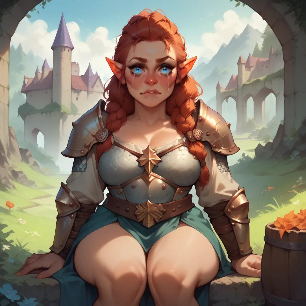 a dwarf with red hair and blue eyes. she is wearing captains armor. she is crying and has bags under her eyes as she sits outside a castle.