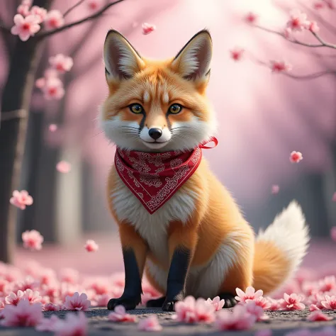 Fox with a bandana like Naruto. Dressed as a ninja. Cherry blossoms and shuriken 