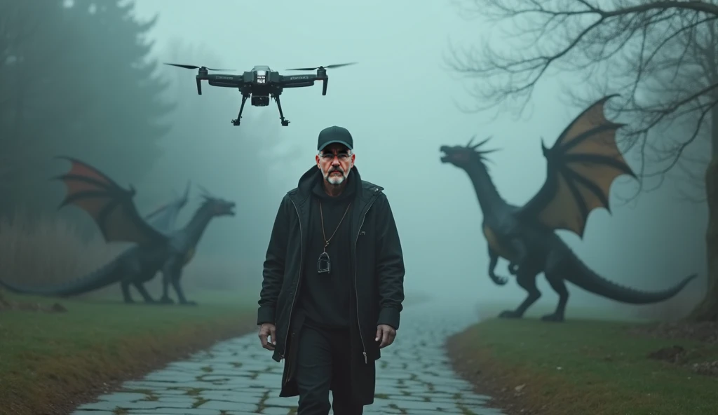 In a strange world where several dragons of different colors can be seen vaguely in the background fluttering almost hidden by the fog, There is a 60-year-old bald man wearing a black baseball cap and dark rayban glasses with black crystals, he is dressed ...