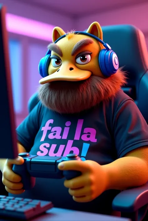 Angry brown-eyed overweight duck with blue cat ear headphones, brown beard and black t-shirt with purple and blue writing on it "fai la sub!". sitting in a gaming chair playing PC with a controller. 