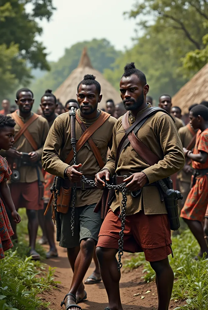 In an African tribe ( village) armed 18th century European soldiers capture villagers and carry them in chains