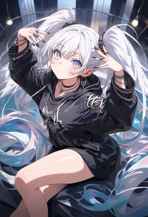  shiny skin  ,(( masterpiece)), (( 最 high quality)), (Anime:1.3),( very detailed:1.2), ( high resolution :1.3), ( Professional Photography:1.4)(Iridescent white hair),, Huge, twin tails,  Silver Hair,  hoodie,  vintage gothic,  pose ,  cute,  looks up,  hi...