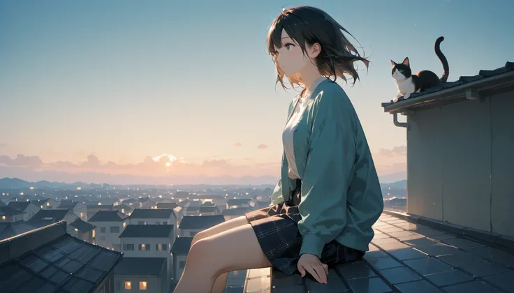 a girl in casual clothes sitting on a rooftop along with a cat, looking at the sky, highly detailed, 8K resolution