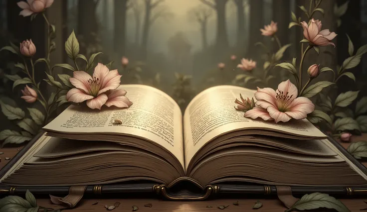 A majestic fairy-tale book, its spine gilded with intricate filigree, lays open upon a dimly lit antique desk. Double exposure reveals spring’s flowers  sprawling across the left page, , while summer sunny shimmers on the right,. A spectral echo of summer ...