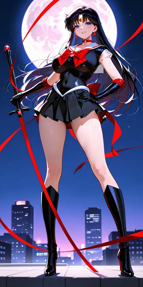 Masterpiece, elegant mature woman, sailor mars\(sailor mars\), tall body, big breast, white sailor senshi uniform (black shirt, black gauntlets, black skirt, black high boots, red ribbon on the hips), full body, parted lips, smile, night on top the buildin...