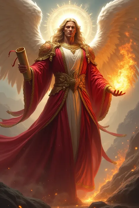 Archangel Uriel with a fiery flame in his right hand, a scroll in his left hand and wearing ruby-gold clothing