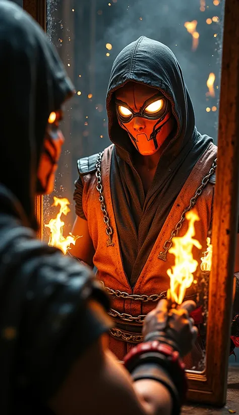 "An ultra-realistic image in first-person point of view (POV), showing the perspective of Scorpion (Mortal Kombat) preparing for battle. The viewer sees Scorpion's hands holding his flaming kunais, the chains wrapped around his wrists glowing with fire. Th...