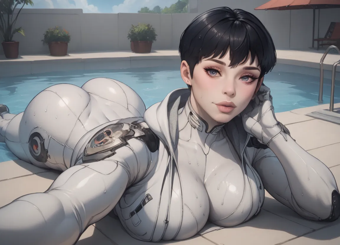 score_9,score_8_up,score_7_up BREAK valby from The First Descendant , short hair, black hair, white skin, female,  bodysuit, Bimbo Body , double deck draw style, swim, looking at The Viewer, colorfull, water background, wet Body, Commission for High Res, d...