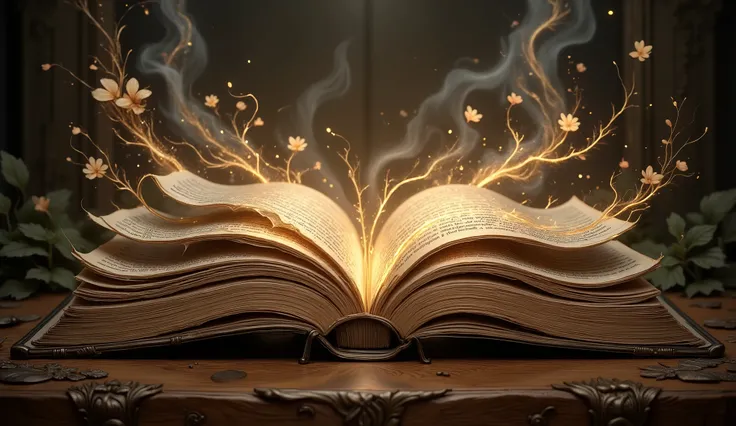 A majestic fairy-tale book, its spine gilded with intricate filigree, lays open upon a dimly lit antique desk. Double exposure reveals glowing spring’s flowers  sprawling across the left page, , while summer sunny shimmers on the right,. A spectral echo of...