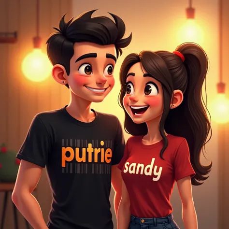 Oval-faced handsome young man wears black T-shirt with inscription "putrie" Striped. Beautiful woman in red t-shirt with inscription "sandy"  smiling happily 