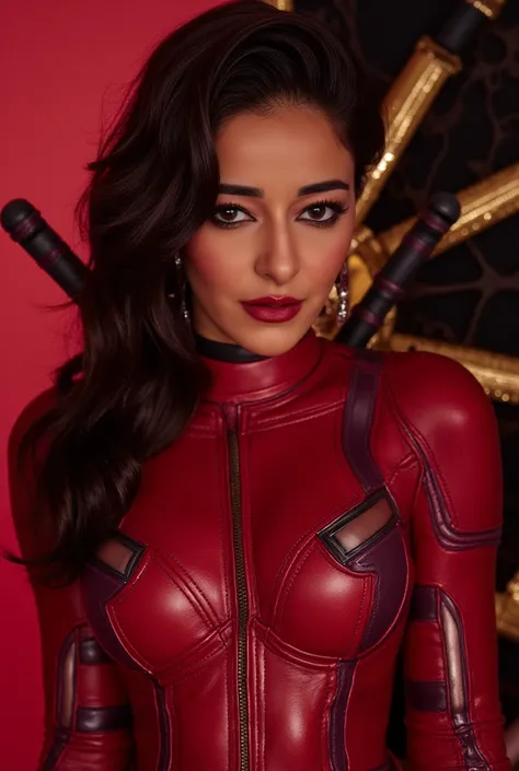 Morena wearing sexy deadpool bodysuit, beautiful morena face, with Hollywood style morena makeup 