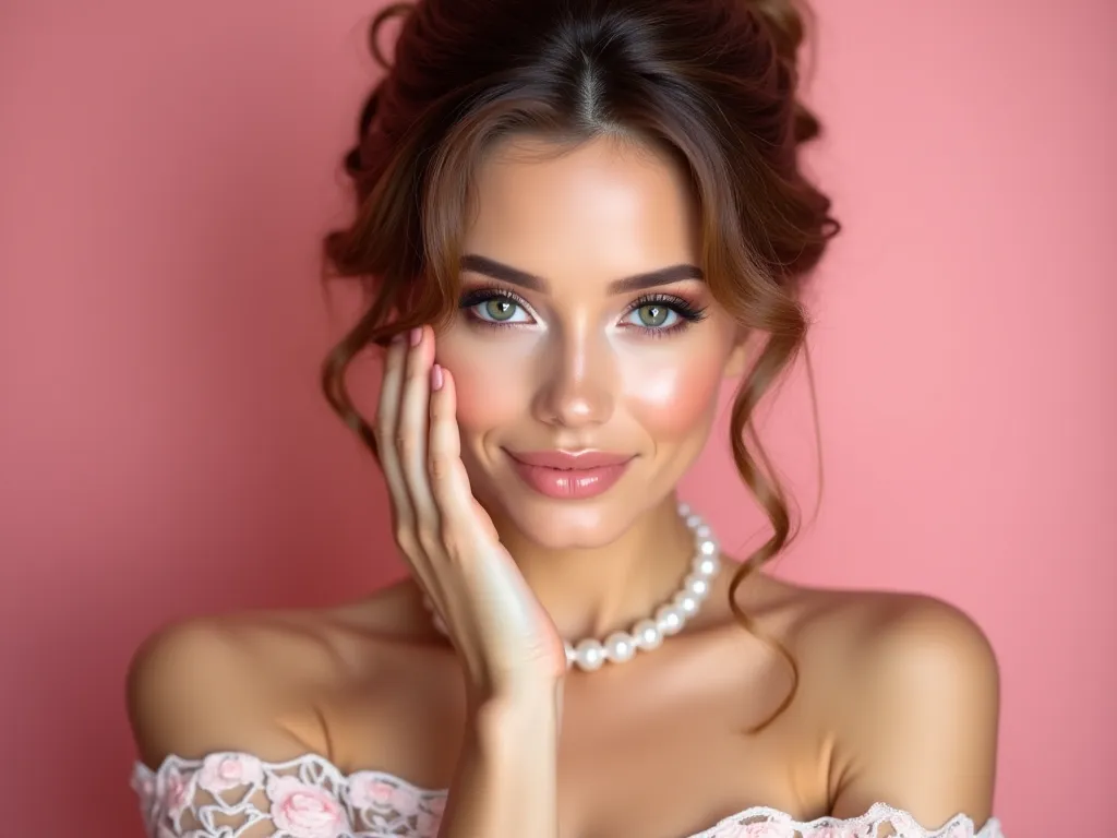 A beautiful woman with fair skin, soft features, and striking green eyes holding makeup presets. She has voluminous dark blonde hair styled in an elegant updo with soft bangs framing her face. Her makeup includes perfectly winged eyeliner, long lashes, and...