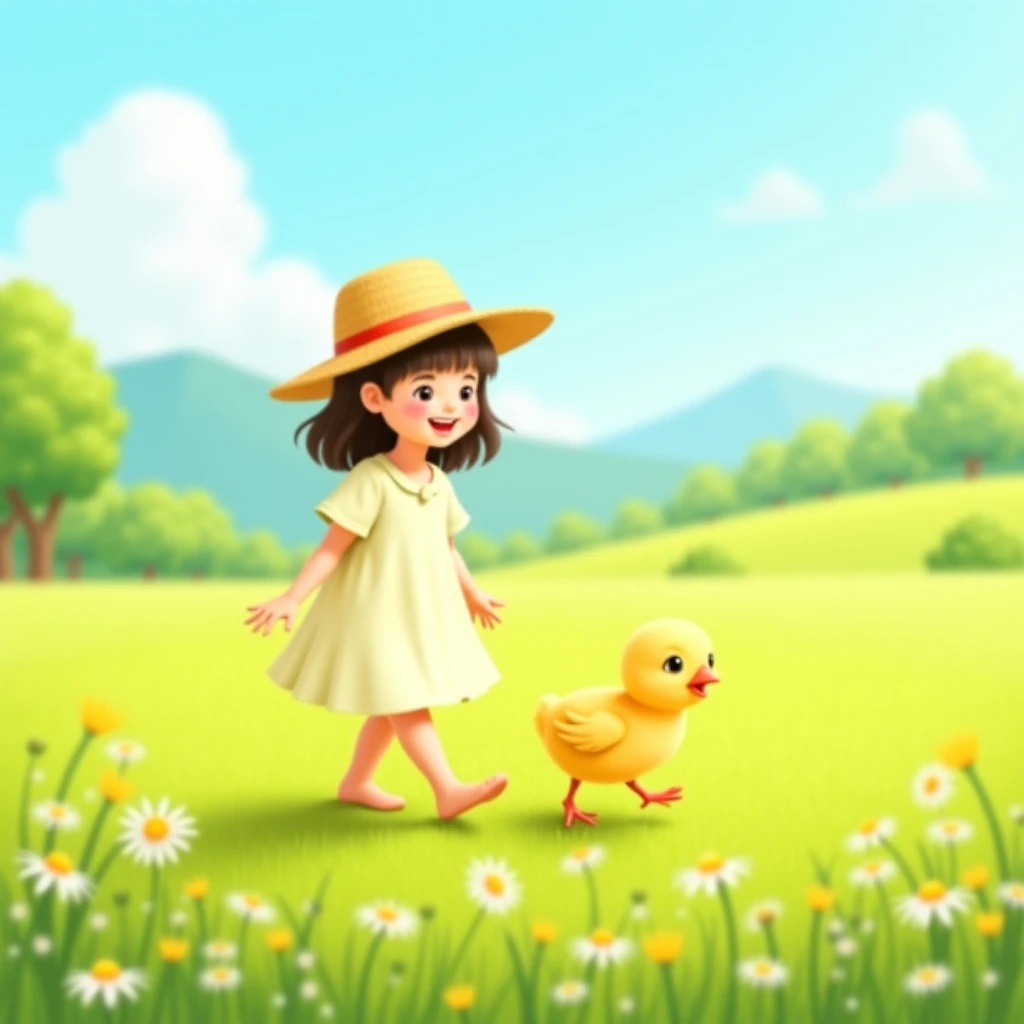 An adorable yellow chick walks next to a  in a sunny green field. The girl, dressed in a light dress and a straw hat, smiles as she follows the rhythm of the chick, which makes small jumps among the wildflowers. The sky is blue with some fluffy clouds, and...