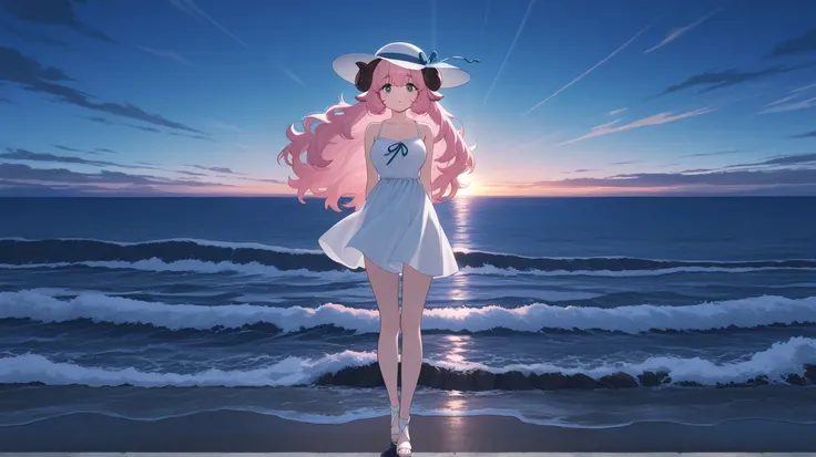 masterpiece, best quality, amazing quality, very aesthetic, high resolution, ultra-detailed, absurdres, newest, Anime screencap, highly detailed, high quality, 1girl, ひつじちゃん, pink fluffy hair, thick eyebrows, round sheep horns, BREAK, White dress, sandals,...