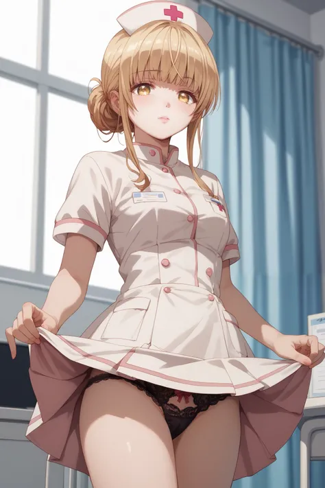 Shina Mahiru,  raised skirt,  nurse uniform  ,Looking at the lace panties Light blue,better quality 8k,conserved, Yellow Eyes,Uniform slightly lifting