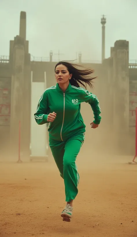 A full-body shot of a woman like jenna ortega running directly toward the viewer in a highly cinematic and intense scene inspired by Squid Game. She is wearing the iconic green tracksuit with only one white stripe on the sleeves and legs. The tracksuit has...