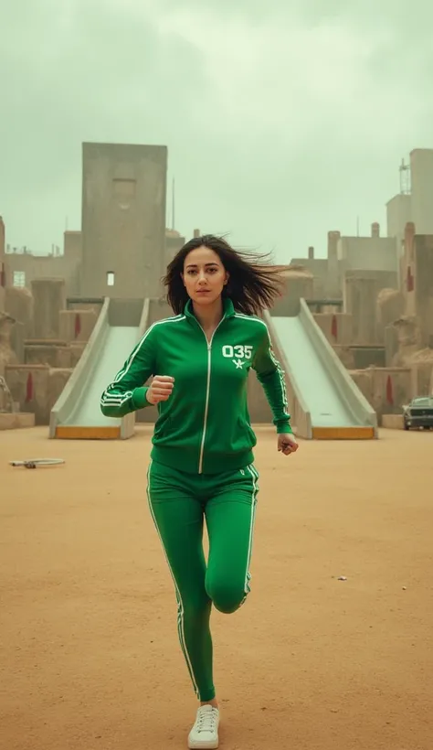 A full-body shot of a woman like jenna ortega running directly toward the viewer in a highly cinematic and intense scene inspired by Squid Game. She is wearing the iconic green tracksuit with only one white stripe on the sleeves and legs. The tracksuit has...