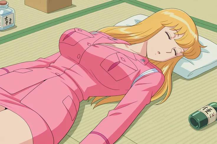  masterpiece, top quality, , Anime Screenshot,  anime coloring,  official style, uncensored,1 girl, Alone,
(Kochikame, Akimoto Reiko , brown eyes on the frame, huge breast, blond hair, pink suit,  pink tight skirt ), 
break Indoor, tatami, Medicine bottle,...