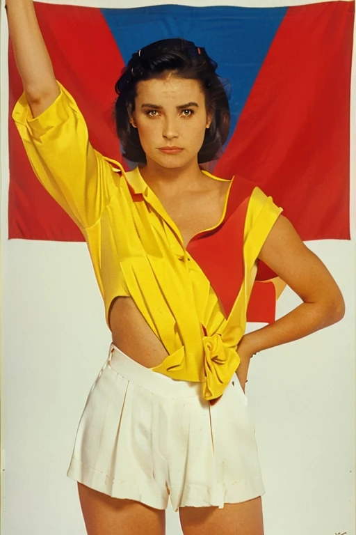 Pretty woman,age 39 years,        European Union        , similar to Christina Ricci        , Semi-black hair        ,   CCCP poster, soviet poster,     USSR flag in the background    , USSR poster, Soviet Union poster,     October Revolution    , ((CCCP p...