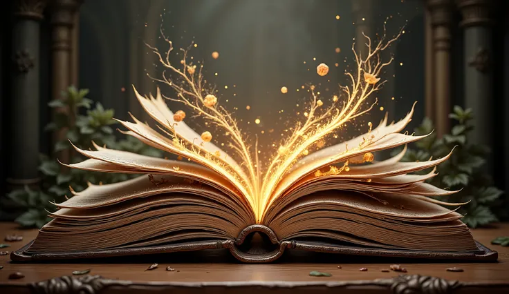 A majestic fairy-tale book, its spine gilded with intricate filigree, lays open upon a dimly lit antique desk. Double exposure reveals glowing spring’s flowers  sprawling across the left page, , while summer sunny shimmers on the right,. A spectral echo of...