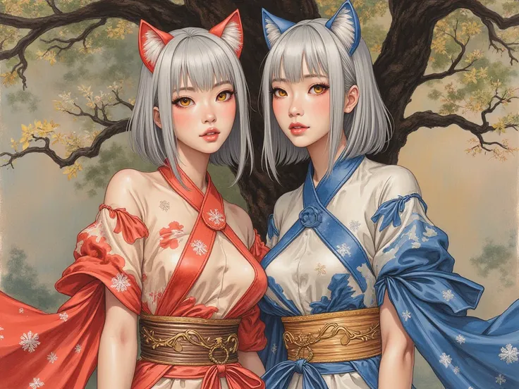 Detailed proportions and textures and multi-color with airbrushed brush strokes that presents a semi-realistic illustration in Chinese ink a gemini twins(full and slender body, with shy pose, playful look, bright yellow eyes, defined eyebrows, long eyelash...