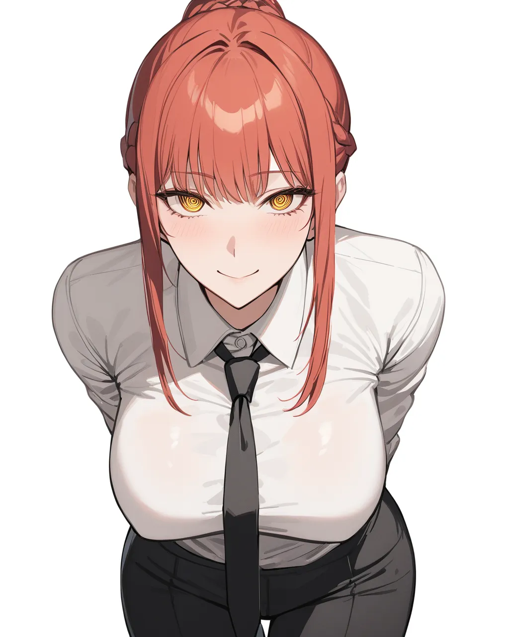 1girl, solo, long hair, breasts, looking at viewer, smile, bangs, large breasts, simple background, shirt, long sleeves, white background, closed mouth, yellow eyes, white shirt, braid, sidelocks, red hair, necktie, collared shirt, pants, leaning forward, ...