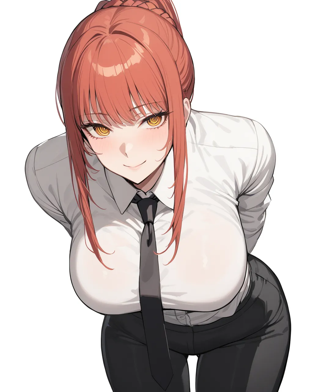 1girl, solo, long hair, breasts, looking at viewer, smile, bangs, large breasts, simple background, shirt, long sleeves, white background, closed mouth, yellow eyes, white shirt, braid, sidelocks, red hair, necktie, collared shirt, pants, leaning forward, ...