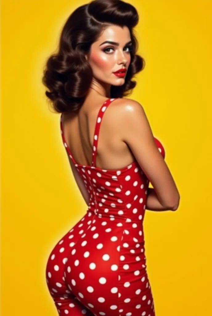  Create a 30-year-old brunette woman in a red white polka dot dress, on a yellow background ,pin-up style ,  extremely realistic,  Masterpiece 