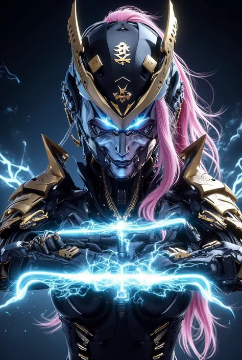   very detailed,   high quality,  high resolution, 4K.16k,  Beautiful face of a beautiful woman、 A beautiful ninja who looks like a metallic cyborg humanoid model with long pink hair 、   Black Armor Decorated with Gold to Reflect Metallic Light  ,   Blue L...