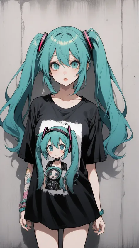  Tim Burton Style、  Hatsune Miku、printed t-shirt 、 miniskirt、 concrete 、 upper body、