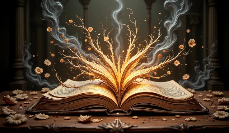 A majestic fairy-tale book, its spine gilded with intricate filigree, lays open upon a dimly lit antique desk. Double exposure reveals glowing spring’s flowers  sprawling across the left page, , while summer sunny shimmers on the right,. A spectral echo of...