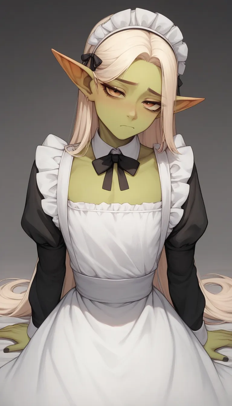     Best quality  ,       very detailed    ,(goblin boy  :1,7), black circles under the eyes  , long hair of soft pink color,   tired look,  a femboy ,   slim,  perfect body   , Cute,  is fake  , Maid Clothes , playful