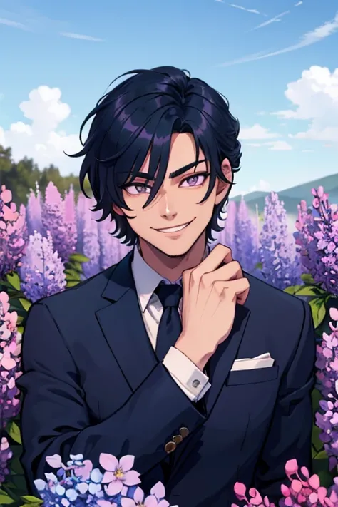 Perfect face. Perfect hands. A dark blue haired man with silver eyes and short hair in a fancy suit is smiling while gathering Lilacs from a field.
