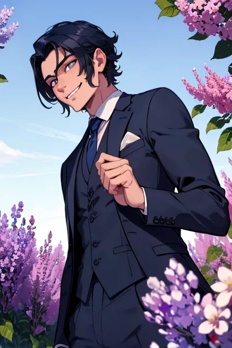 Perfect face. Perfect hands. A dark blue haired man with silver eyes and short hair  and fangsin a fancy suit is smiling while gathering Lilacs from a field.
