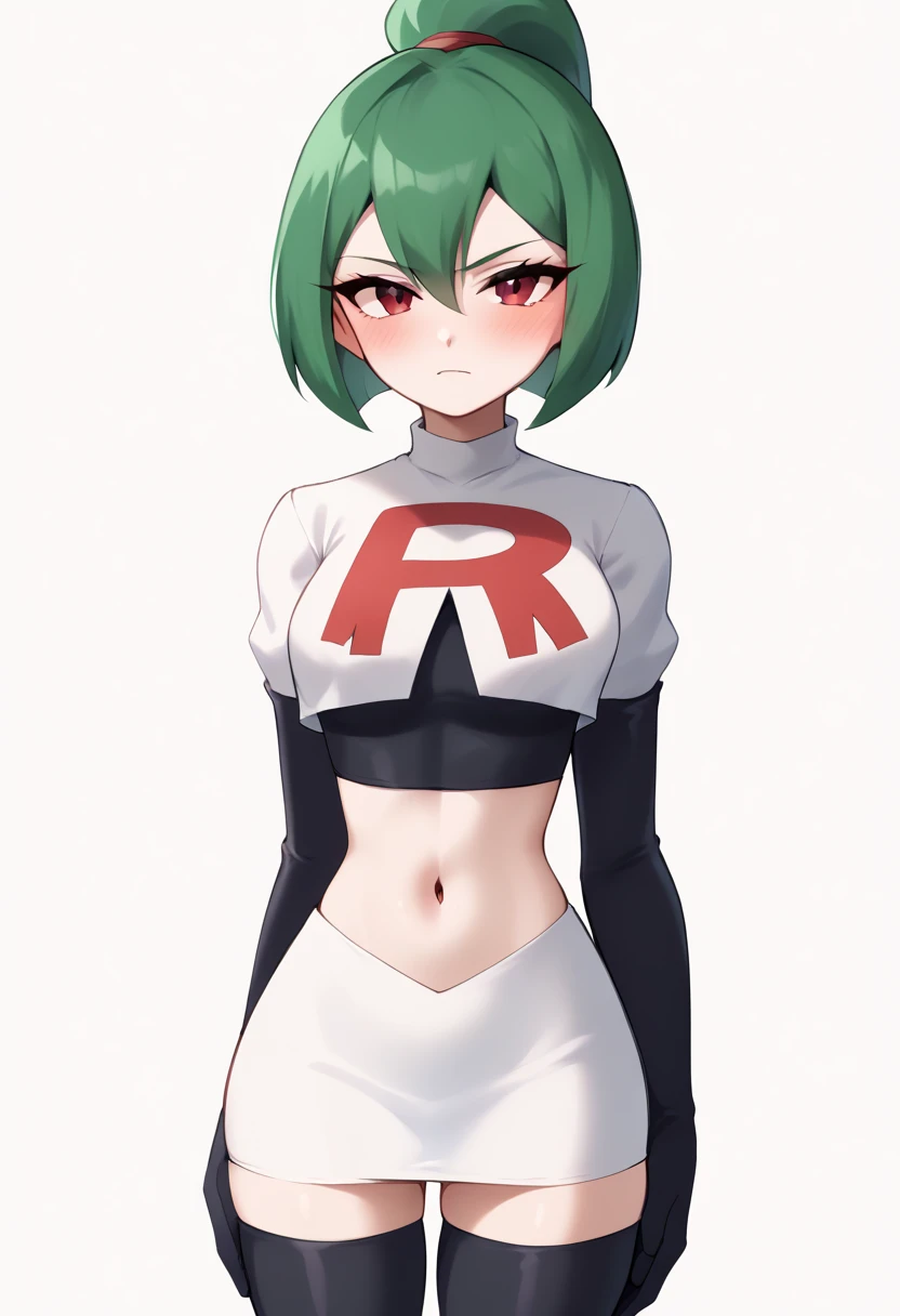  A stylized design of a girl, blushing look, pale white skin , short dark green hair,  framing the top of the head with a pointed crest on the top of the sky blue,  tilted backwards at a dynamic angle .  The face is white and smooth , with minimal details ...