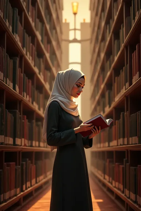 Txt2Img
A Muslim woman with hijab and modern modest attire looking at books in a library 