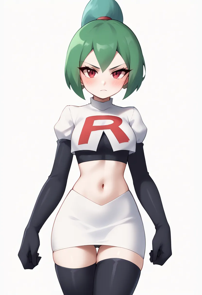  A stylized design of a girl, blushing look, pale white skin , short dark green hair,  framing the top of the head with a pointed crest on the top of the sky blue,  tilted backwards at a dynamic angle .  The face is white and smooth , with minimal details ...