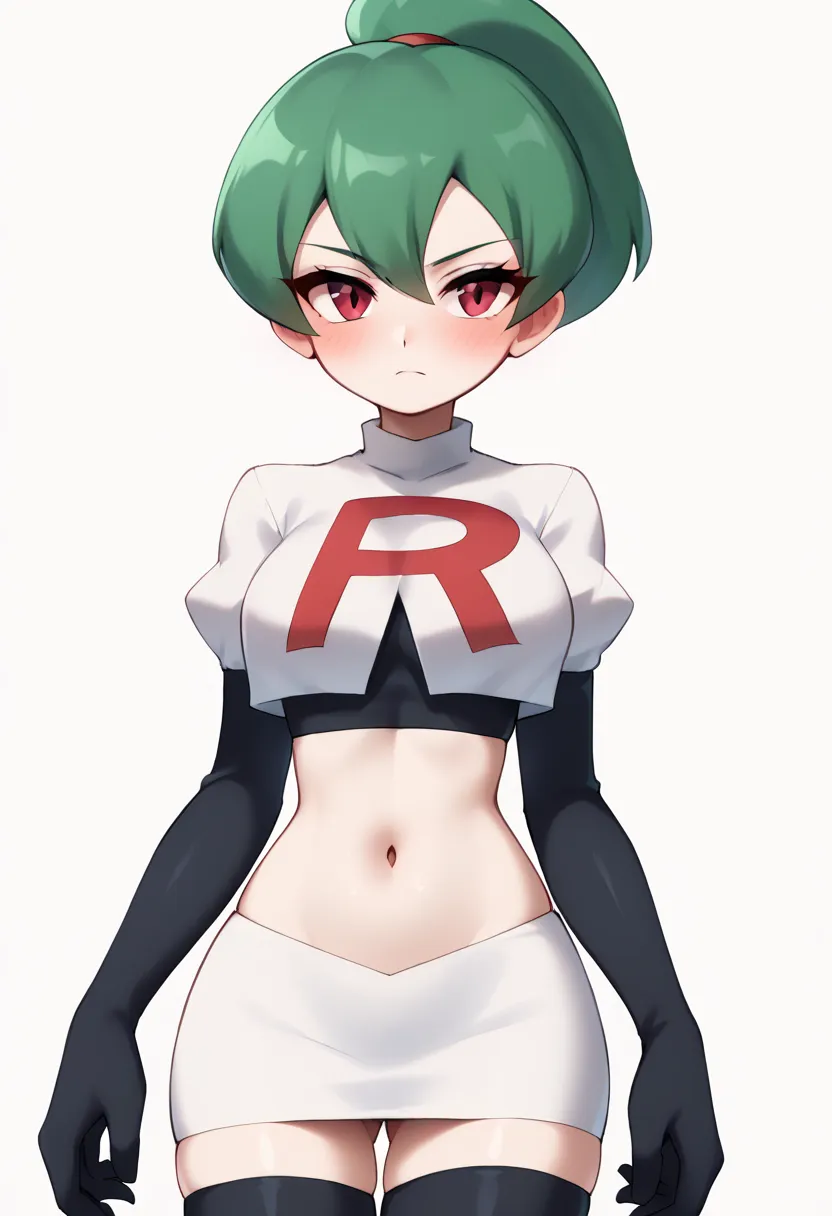  A stylized design of a girl, blushing look, pale white skin , short dark green hair,  framing the top of the head with a pointed crest on the top of the sky blue,  tilted backwards at a dynamic angle .  The face is white and smooth , with minimal details ...