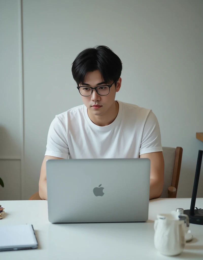 A gentle young man sitting on a chair and table looking straight hd realistic image ใส่แว่น เล่นlabtop mac pro