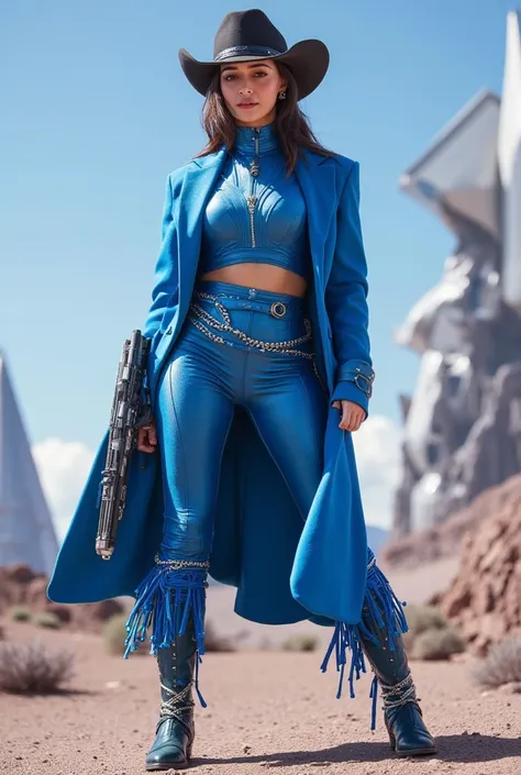 Create a heroine woman wears a cowboy hat, features an imposing blue costume, a futuristic setting, a weapon.