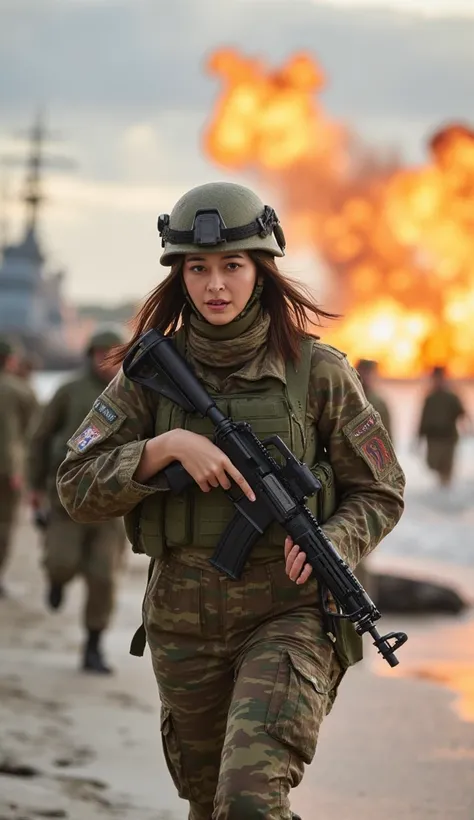 documentary photo, Photo-realistic, ultra-realistic, (very beautiful Japanese, famous Japanese idol:1.3), (Fully equipped for battle:1.5), holding m4a1 large assault rifle, (amazing view of massive explosion:1), (she is very scared and crying:1), (wearing ...