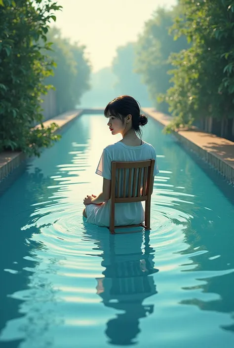 a girl sitting on the the chair and backround is pool