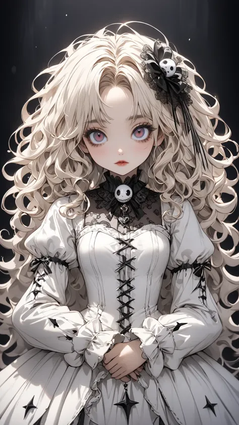  high definition、top quality、High Details、 Tim Burton style、girl、White gothic costume、Cream-colored and fluffy curly hair、