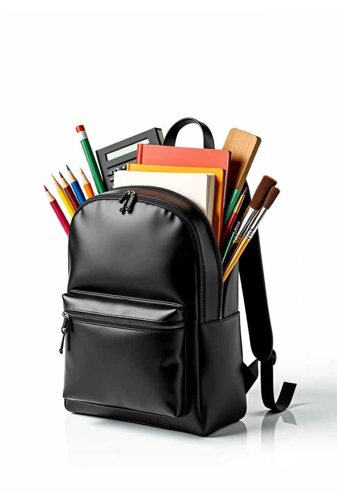 realistic photograph with white background black school bag full of books notebooks rules calculator pencils markers brushes and other school supplies